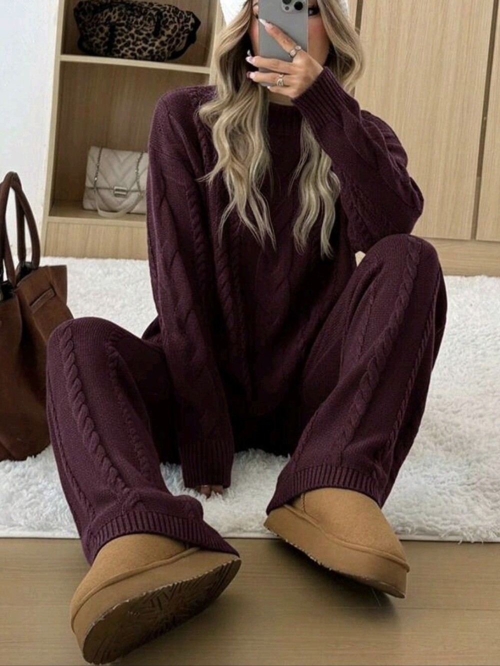Women's Burgundy Round Neck Long Sleeve Casual Minimalist Sweater Top And Pants